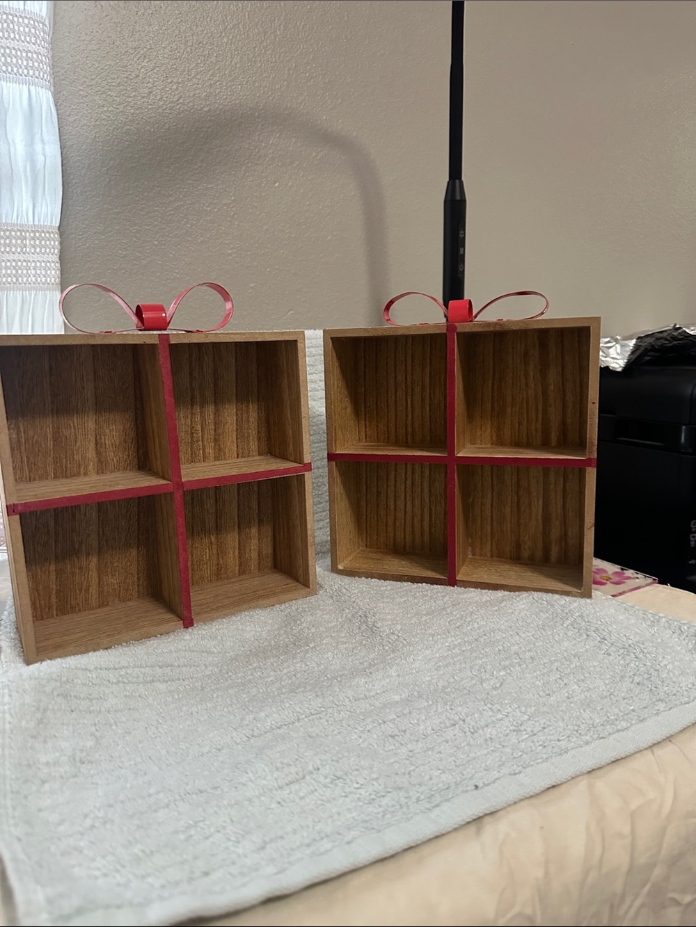 Set of 2 Wooden Grid Wall Shelf with Metal Red Ribbon Accent - NWT